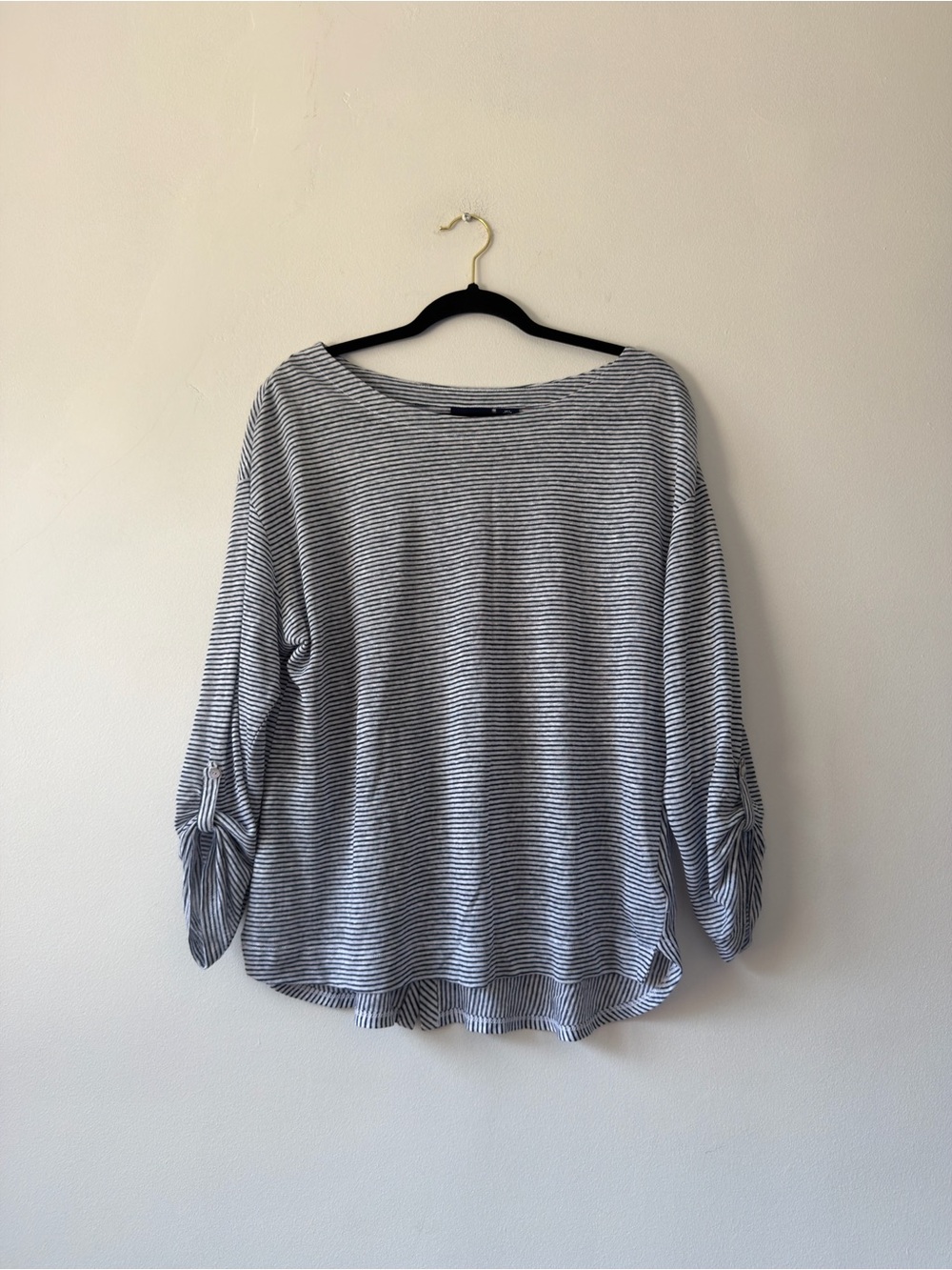 Adrienne Vittadini Striped Boatneck Top in Navy and White 100% Linen Large‎